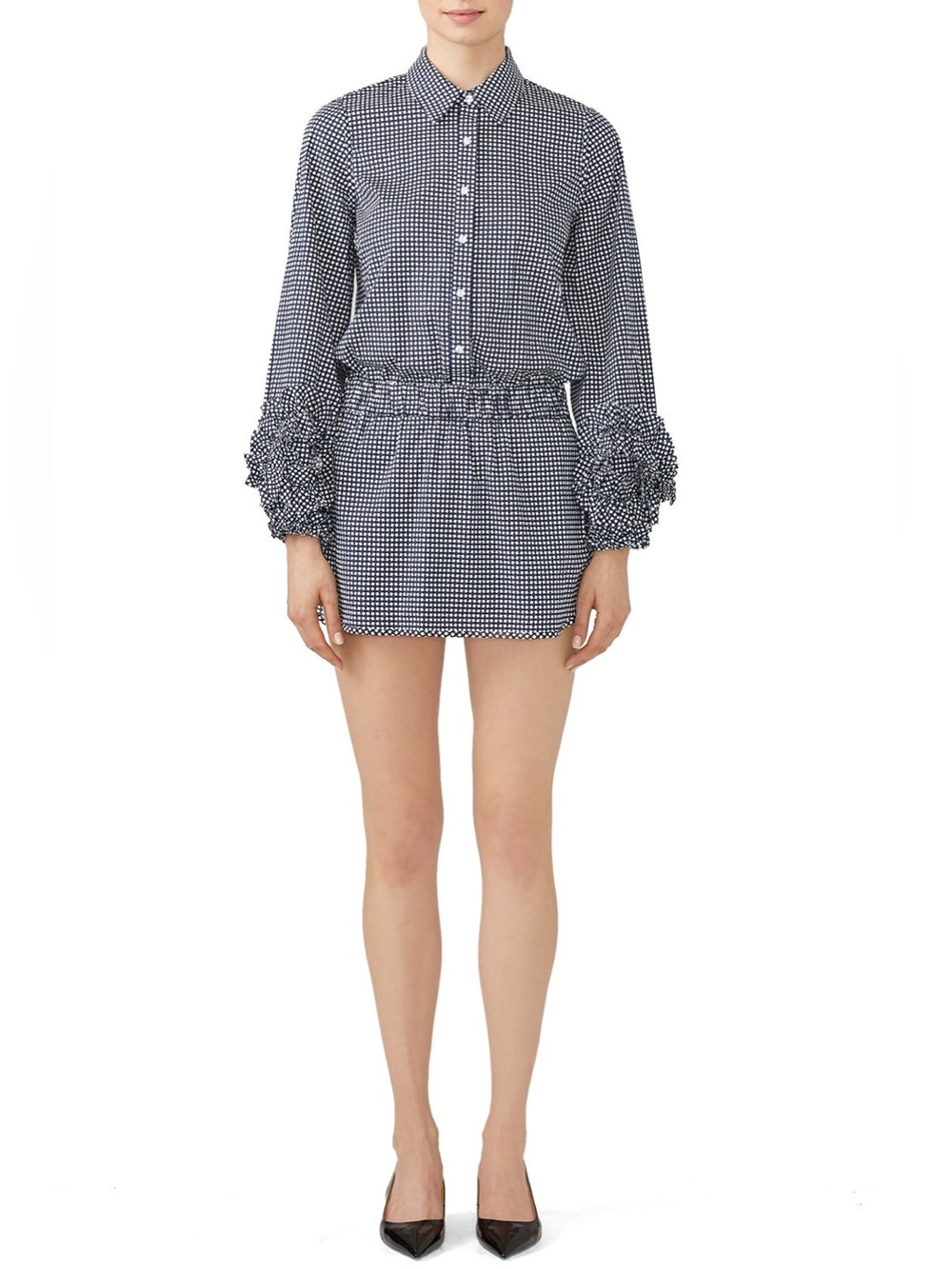 Alexis Navy Blue Check Print Skort Romper Ruffle Sleeve Mini Dress EUC Size Med